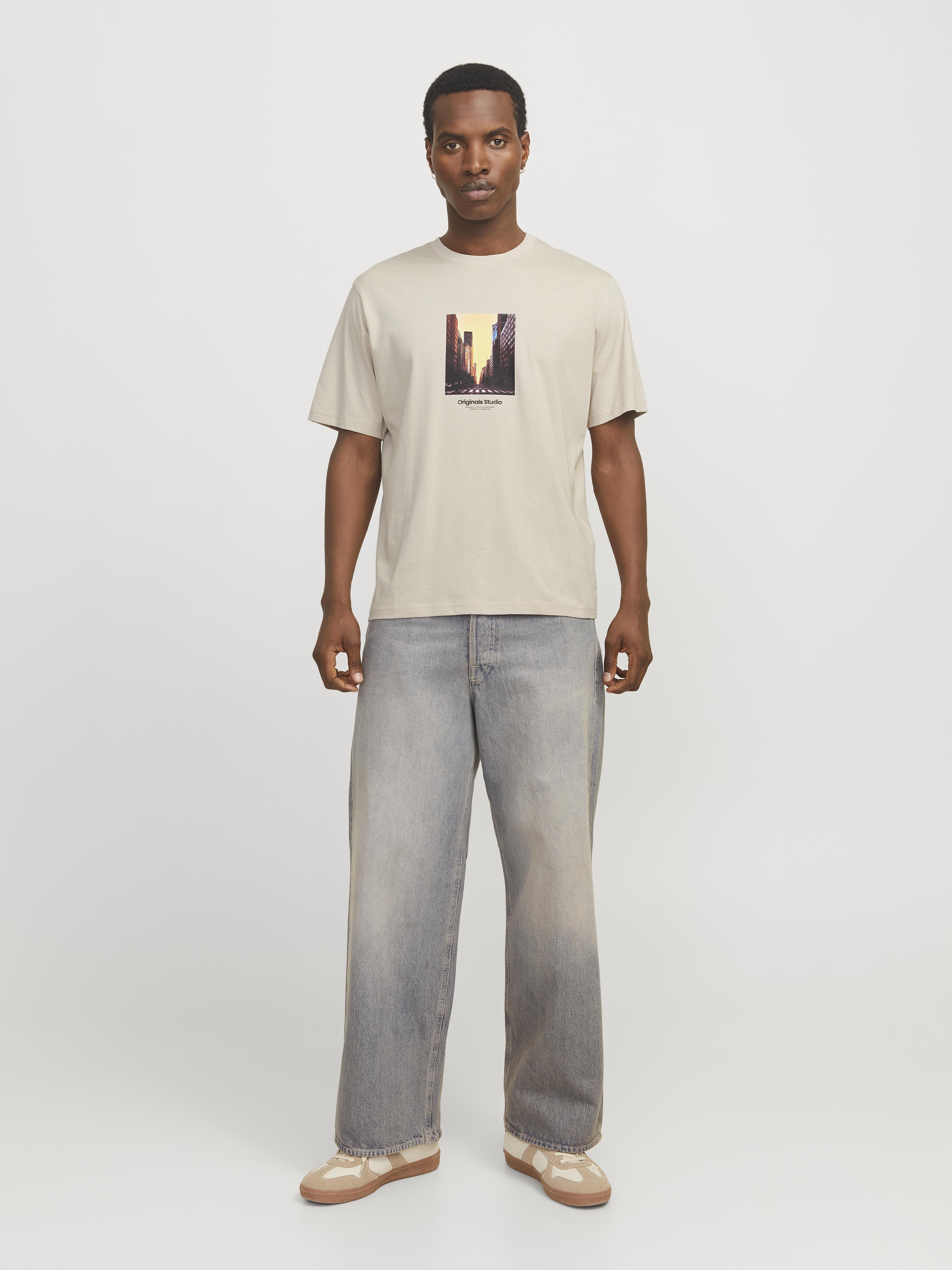 Jack & Jones t-shirt beige con grattacieli tramonto