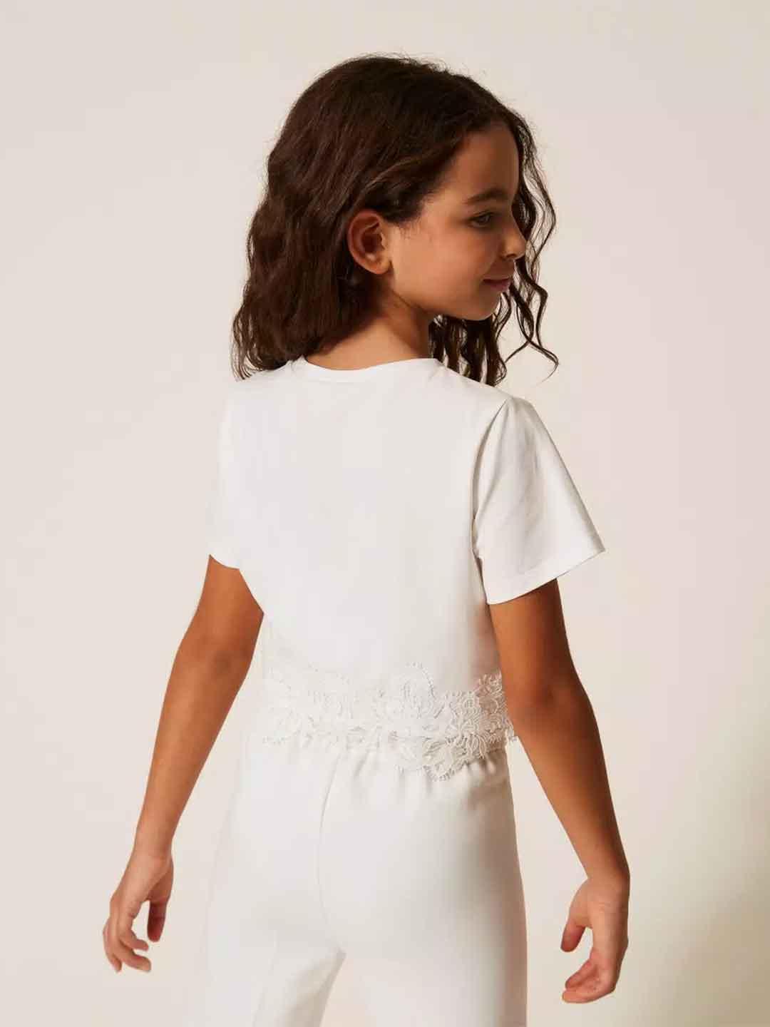 Twinset t-shirt kids bianco crop con pizzo