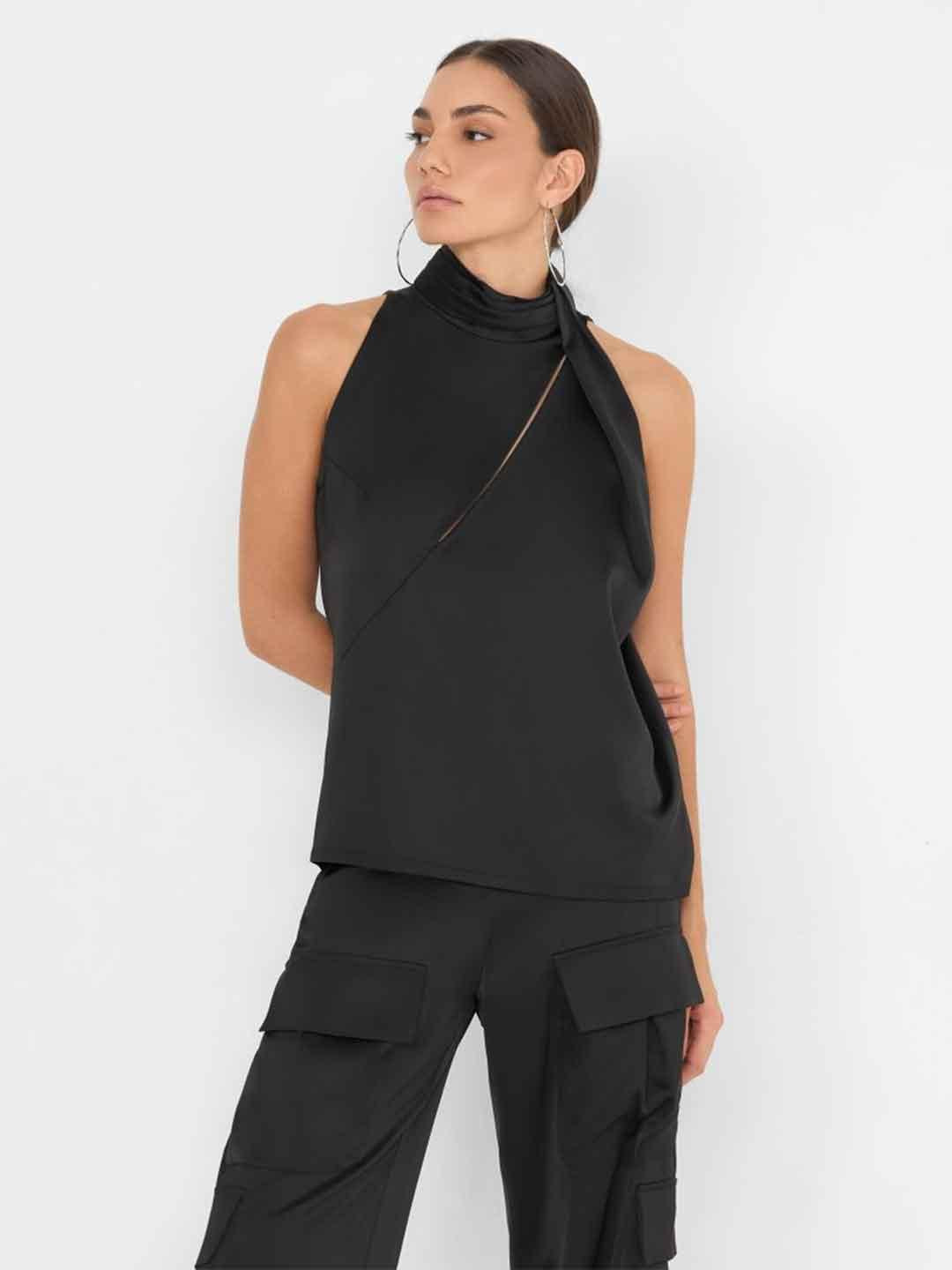 Silence pantalone nero cargo in raso