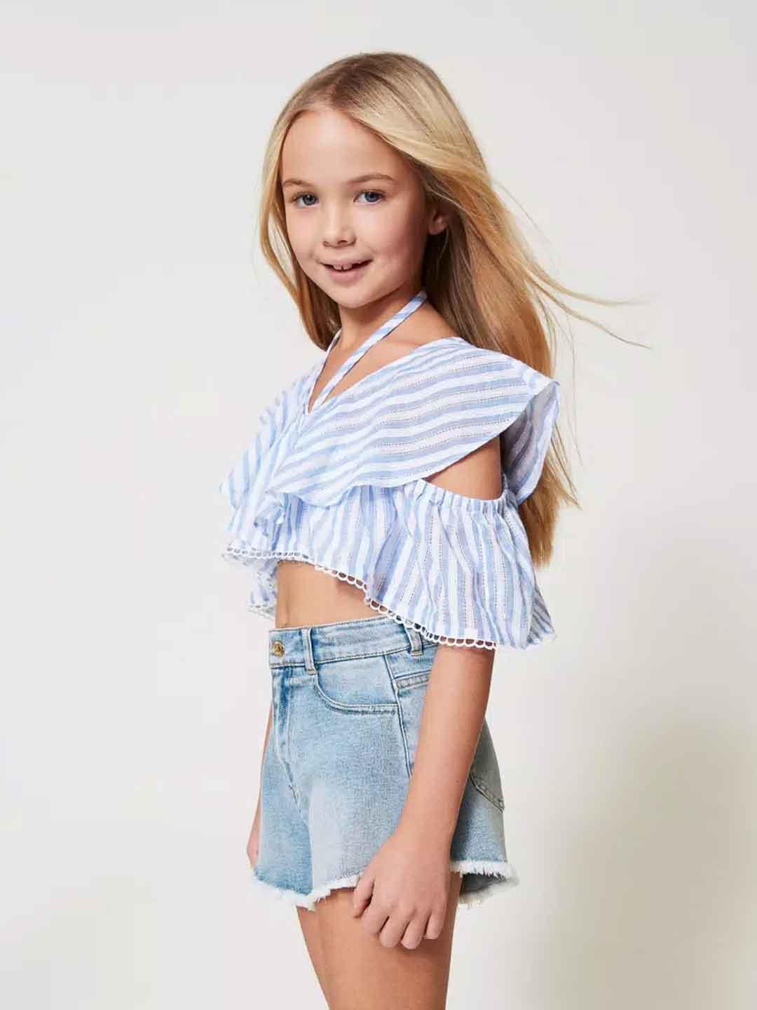 Twinset shorts kids in denim con orlo sfrangiato