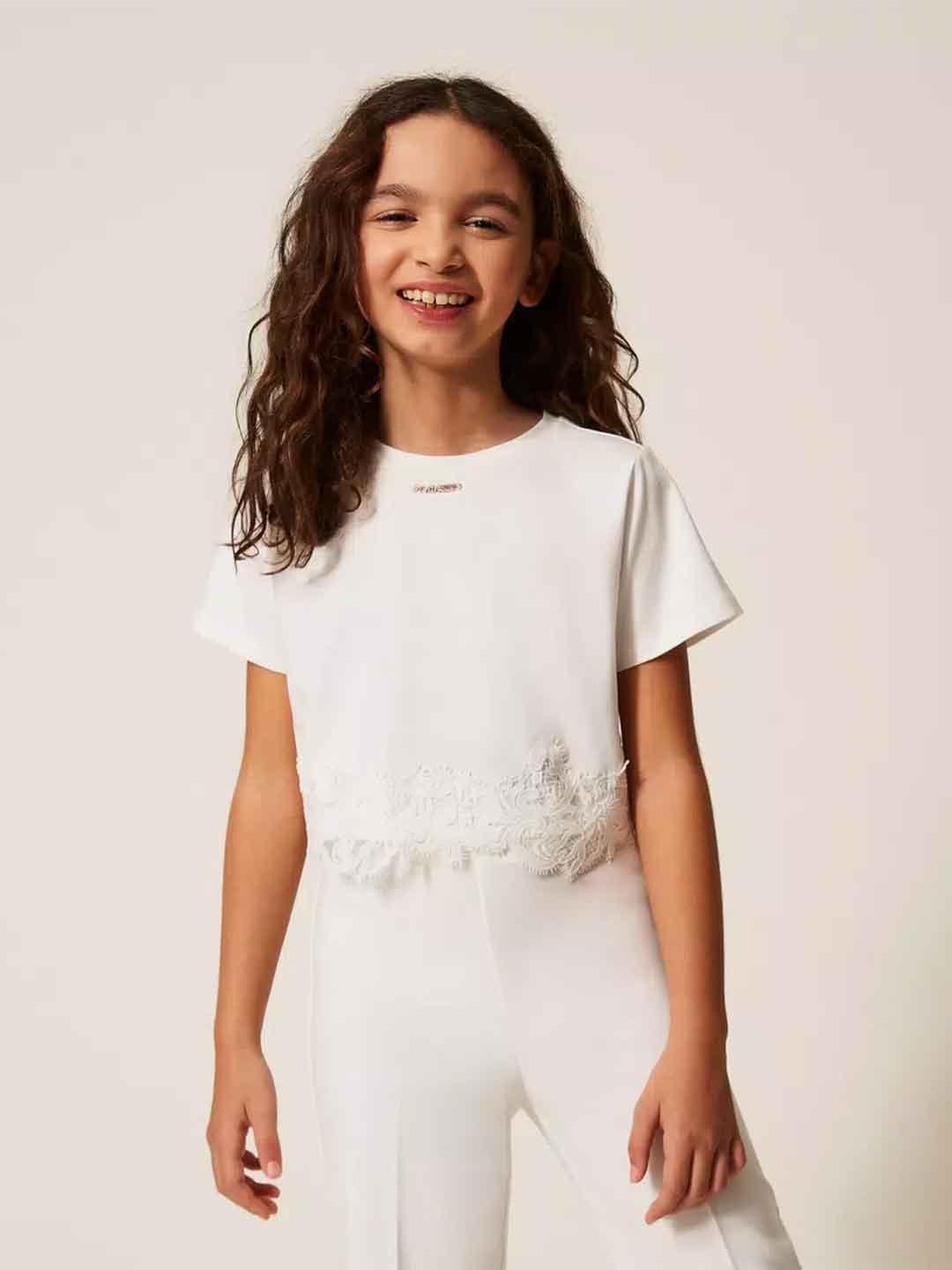 Twinset t-shirt kids bianco crop con pizzo