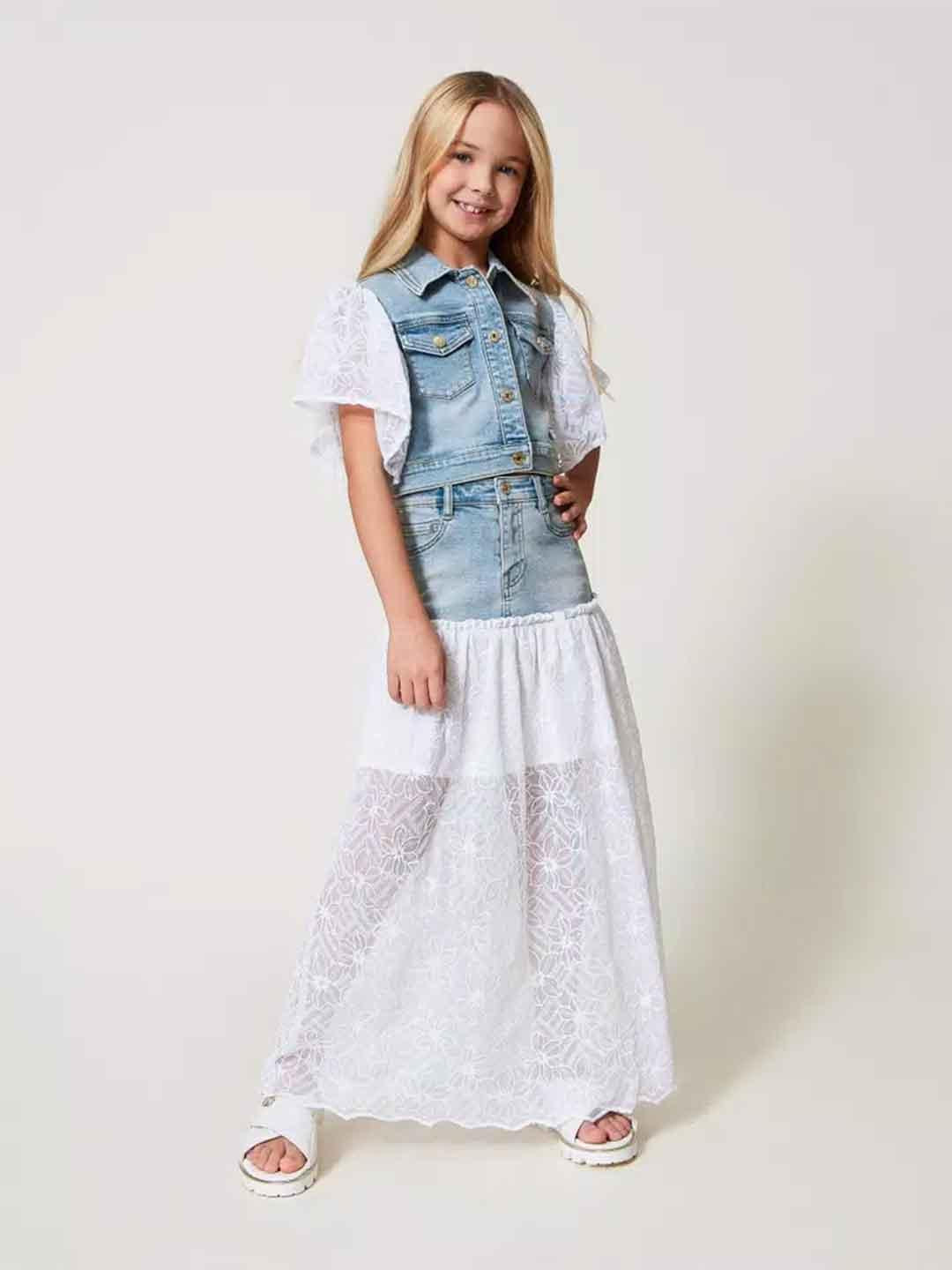 Twinset gonna kids in denim lunga con tulle ricamato
