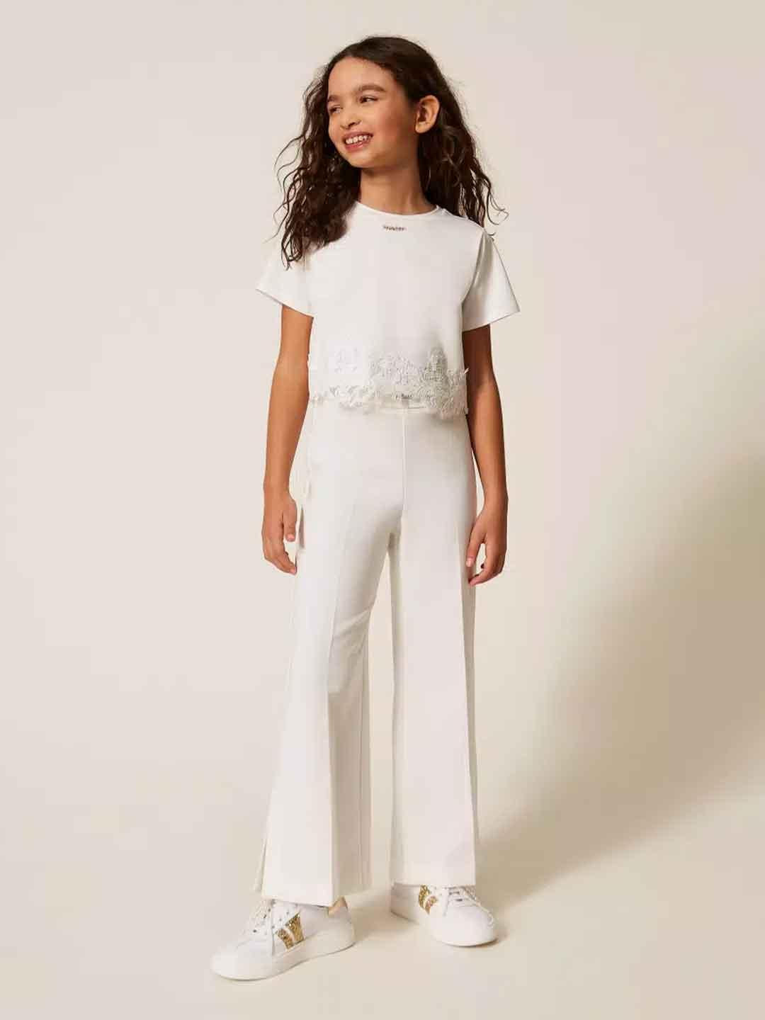 Twinset t-shirt kids bianco crop con pizzo