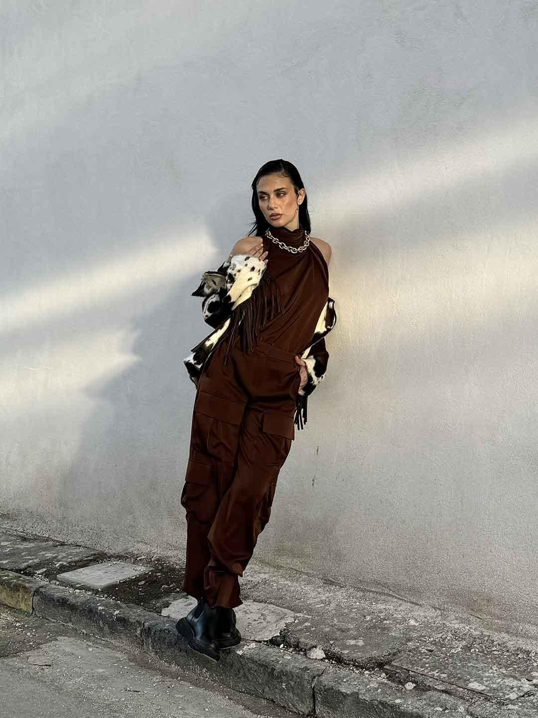 Silence pantalone marrone cargo in raso