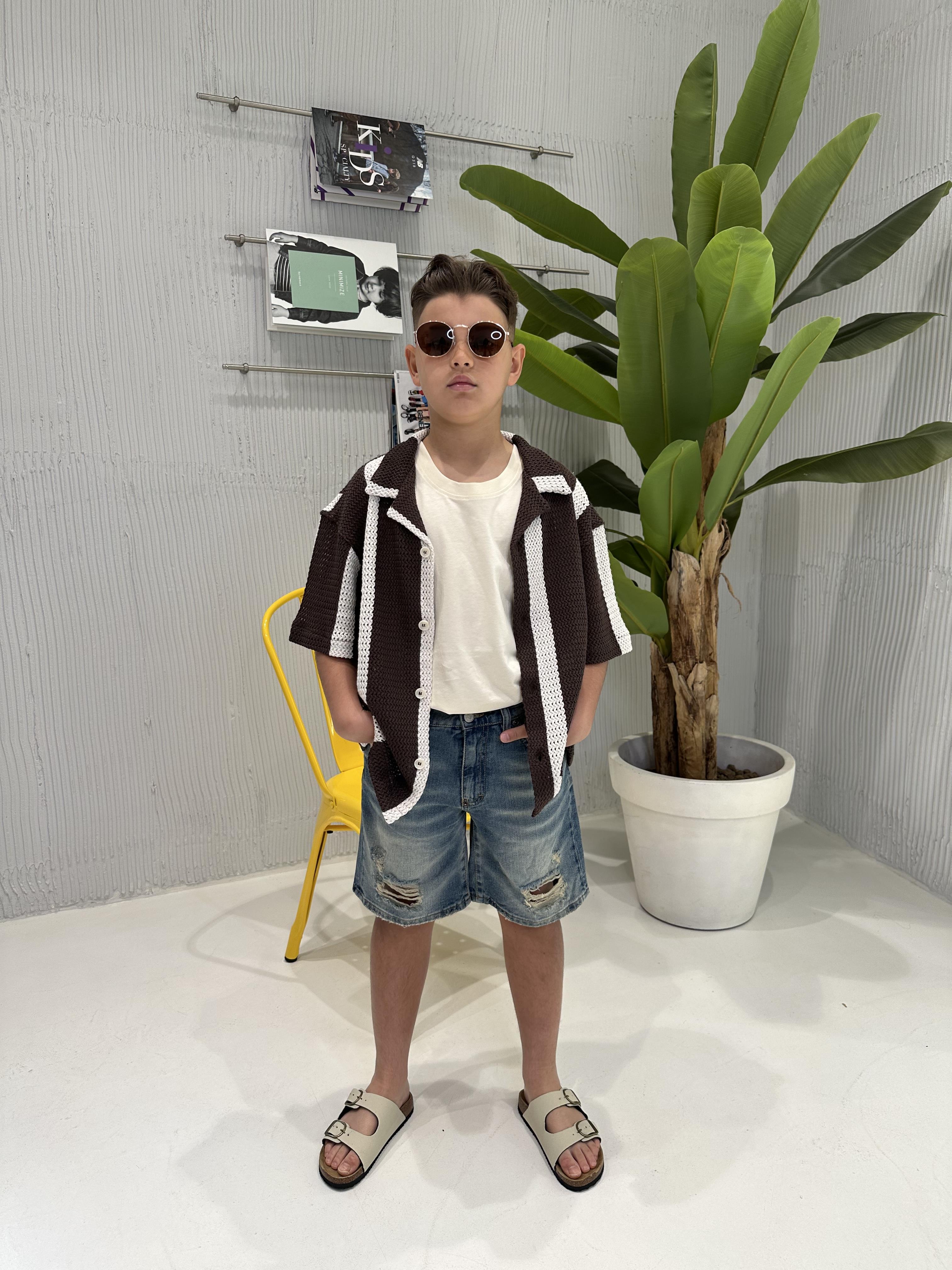I'M Brian camicia kids marrone a righe traforata