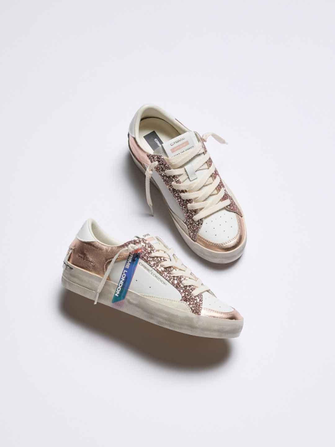 Crime Sk8 Deluxe sneakers bianco con glitter oro rosa