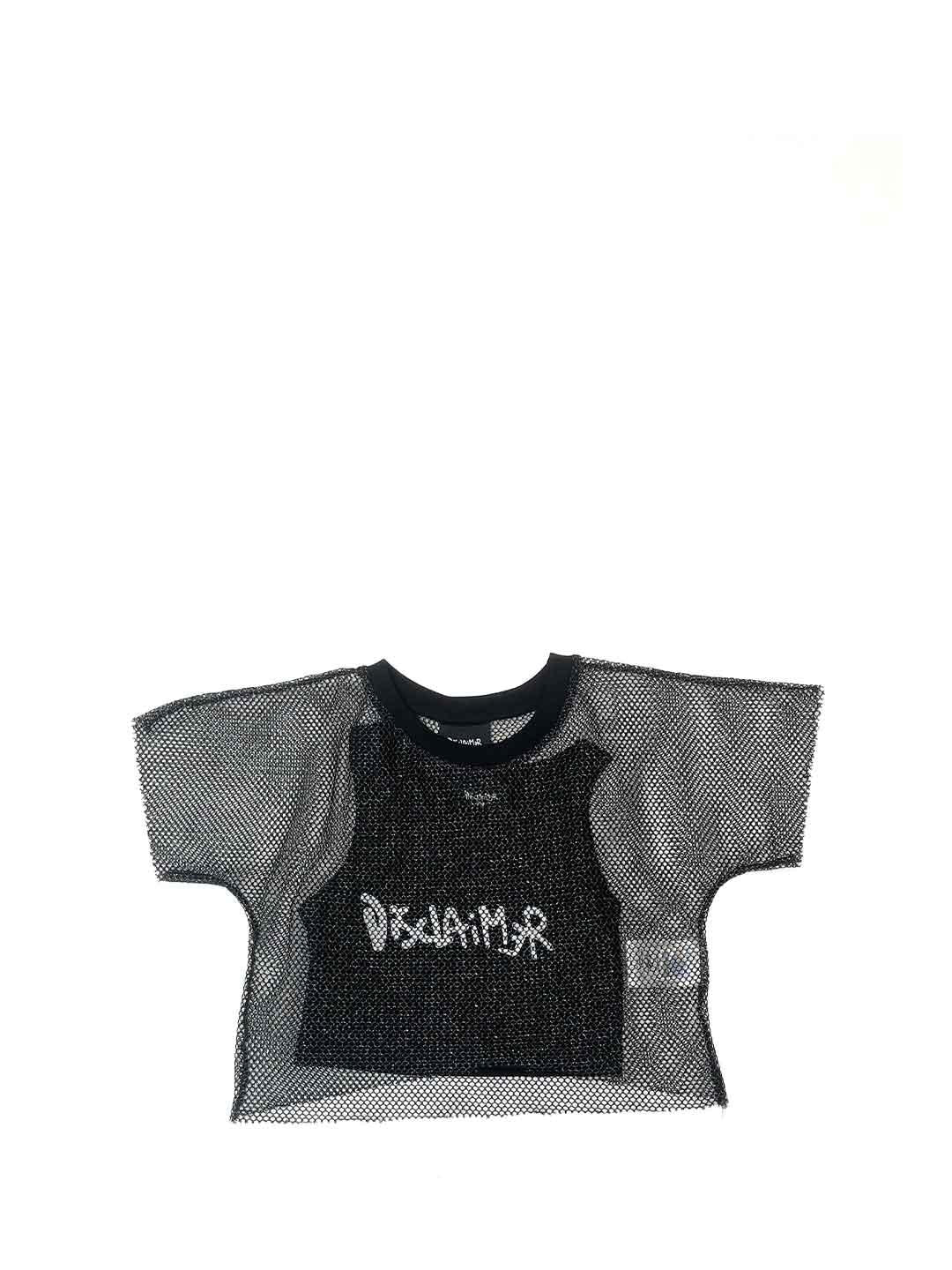 Disclaimer t-shirt kids nero a rete crop