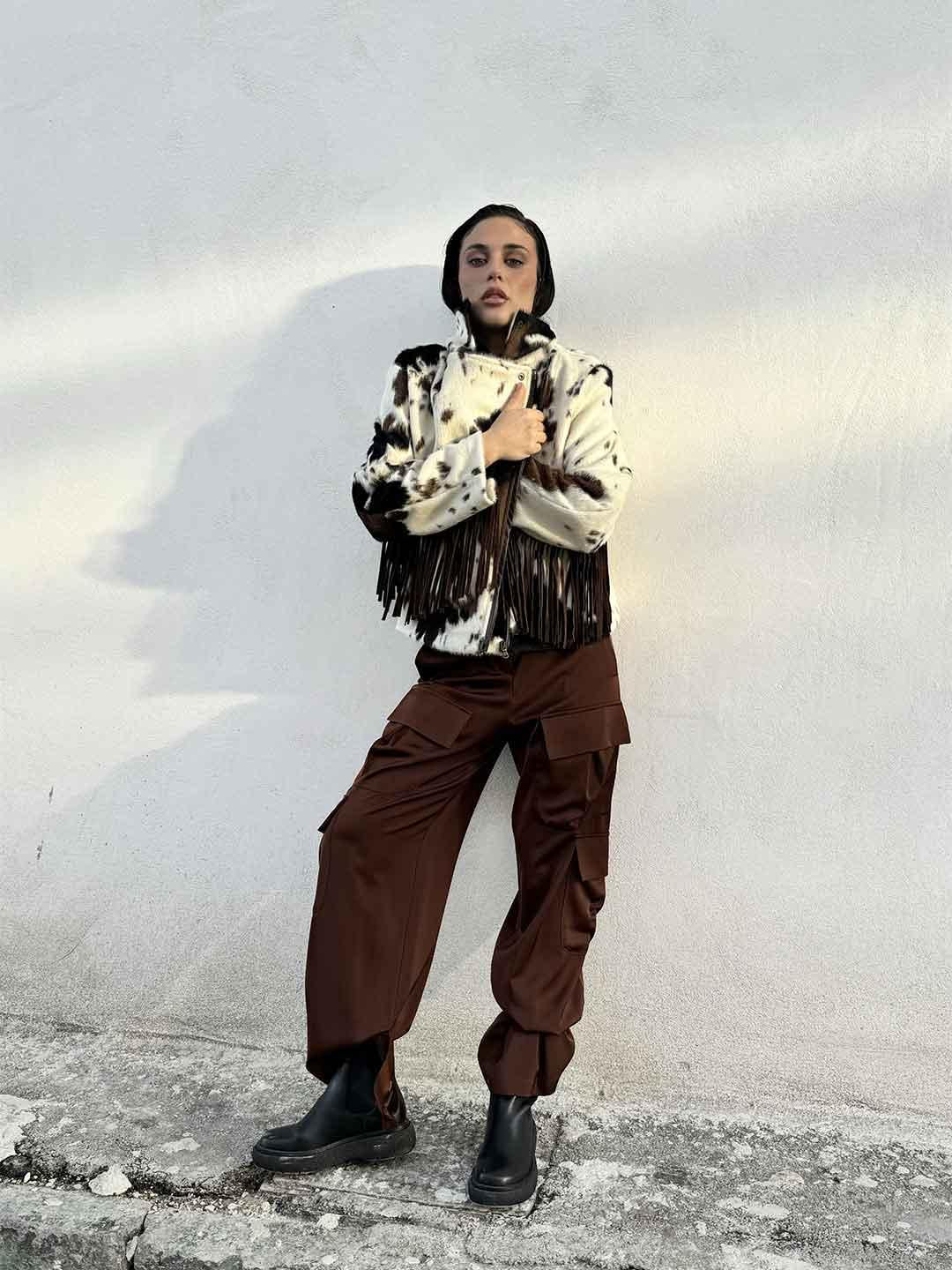 Silence pantalone marrone cargo in raso