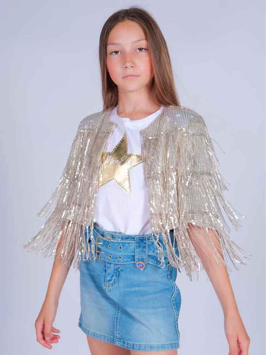 Marc Ellis giacca kids argento con paillettes e frange crop