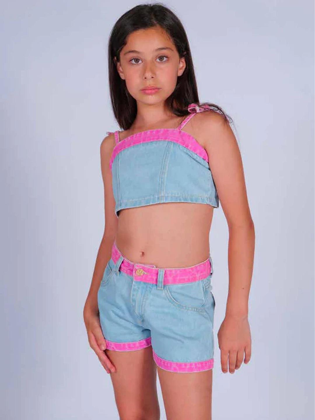 Marc Ellis shorts kids in jeans con orli fucsia