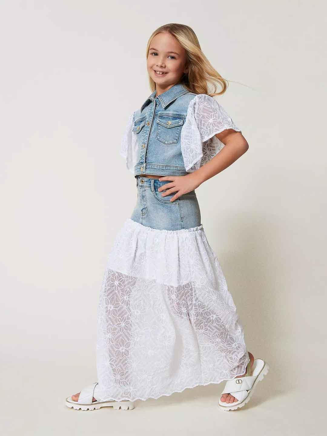 Twinset gonna kids in denim lunga con tulle ricamato