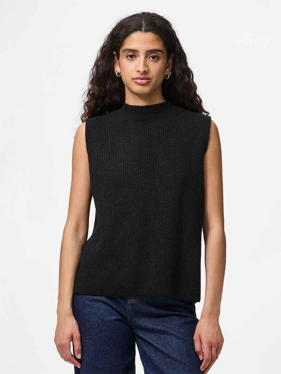 Pieces maglione nero smanicato con fiocchi