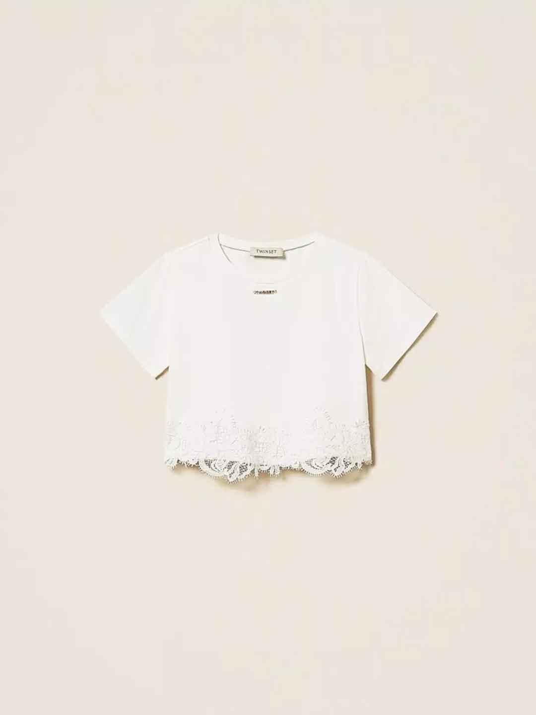 Twinset t-shirt kids bianco crop con pizzo