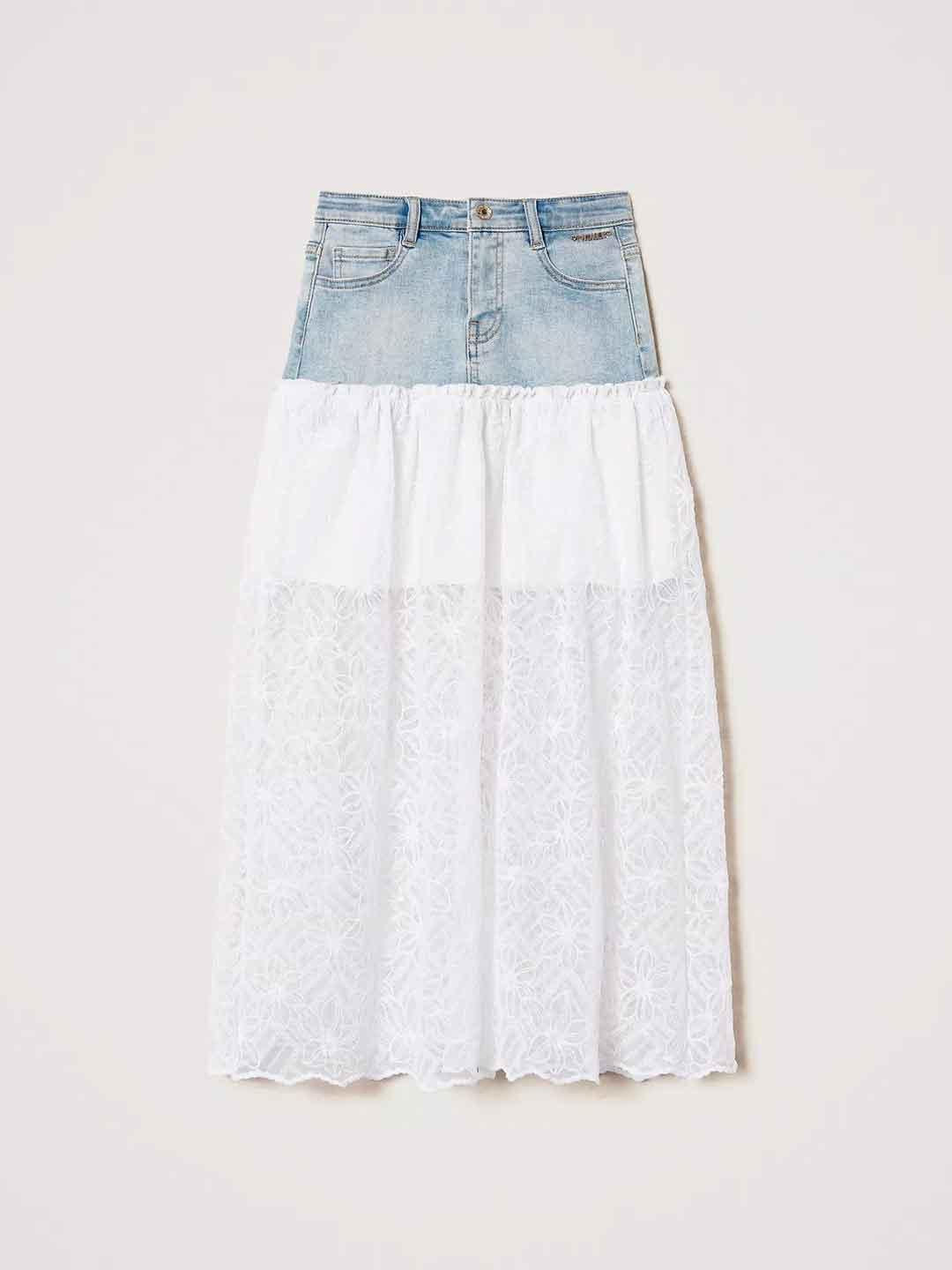 Twinset gonna kids in denim lunga con tulle ricamato