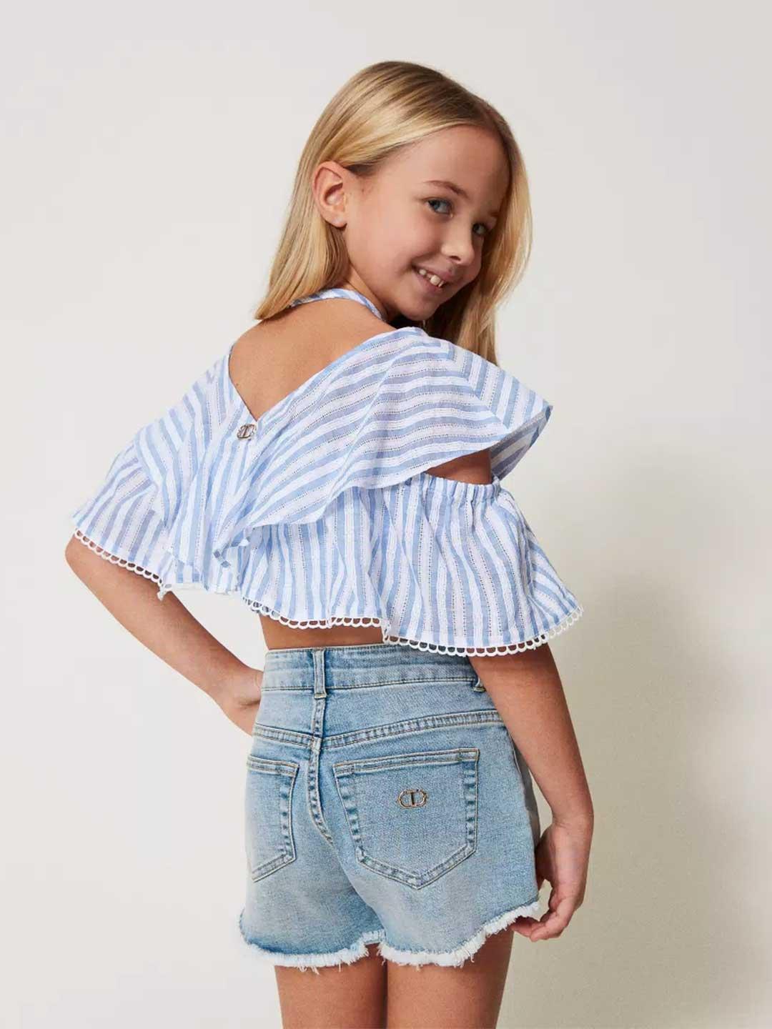 Twinset shorts kids in denim con orlo sfrangiato
