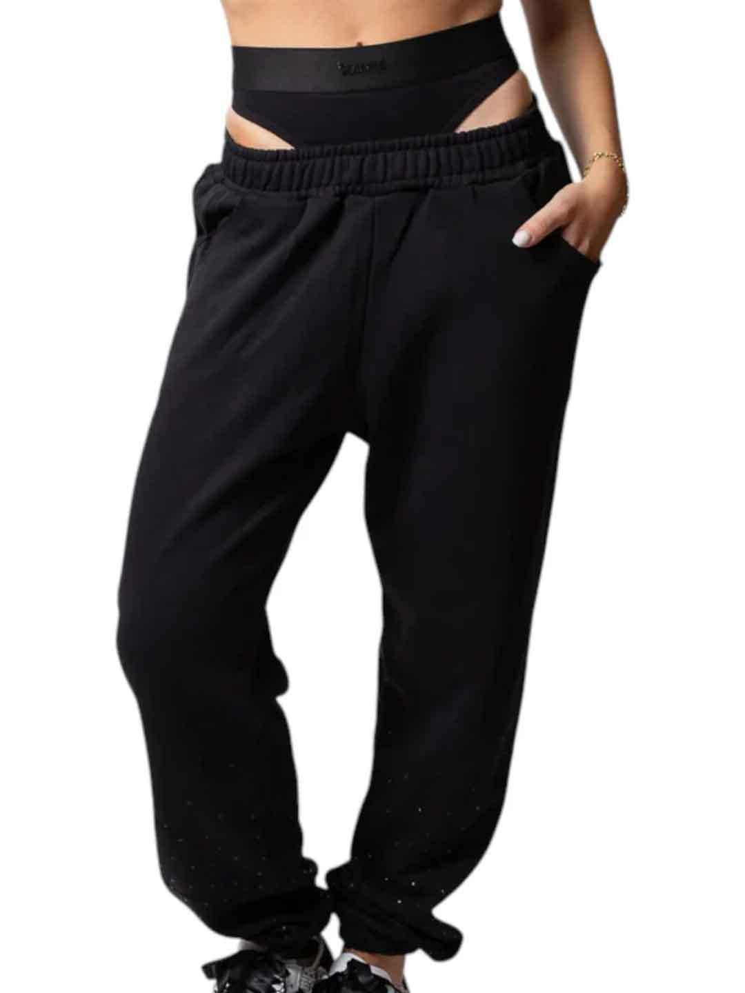 Disclaimer pantalone nero con strass e doppio bustino