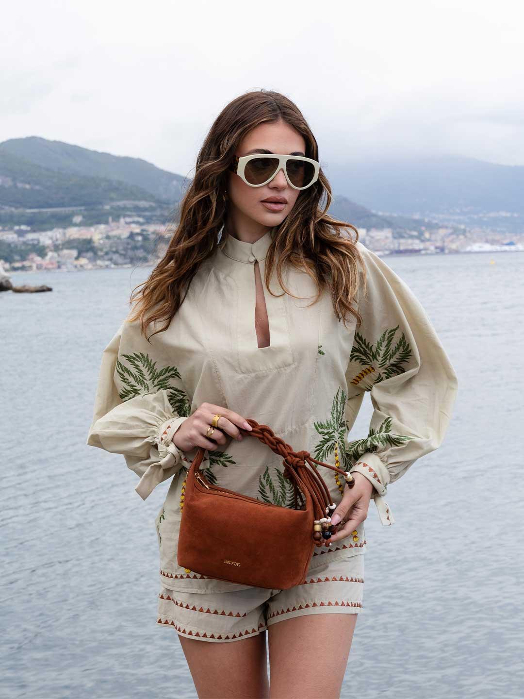 Bohemian camicia beige con palme