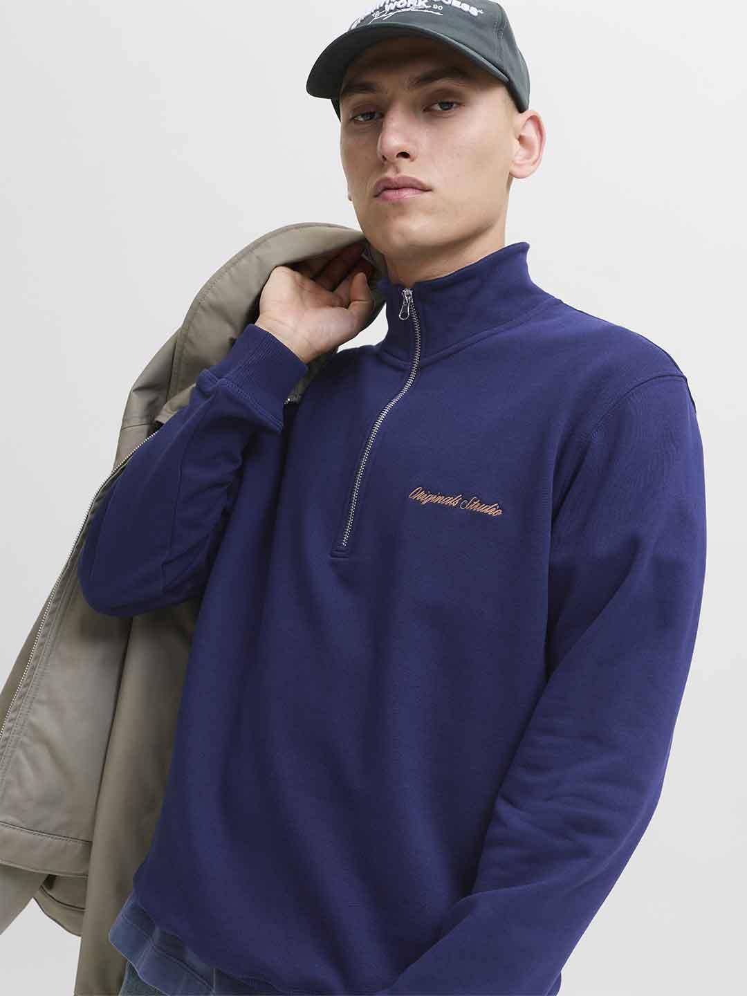 Jack & Jones felpa blu con metà zip
