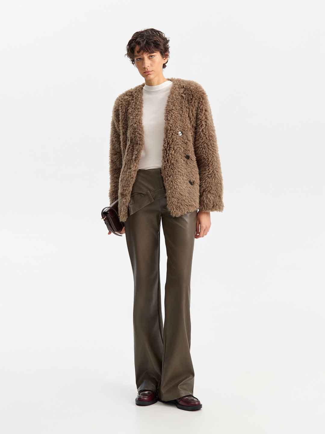 Eleh pantalone marrone in pelle con risvolto