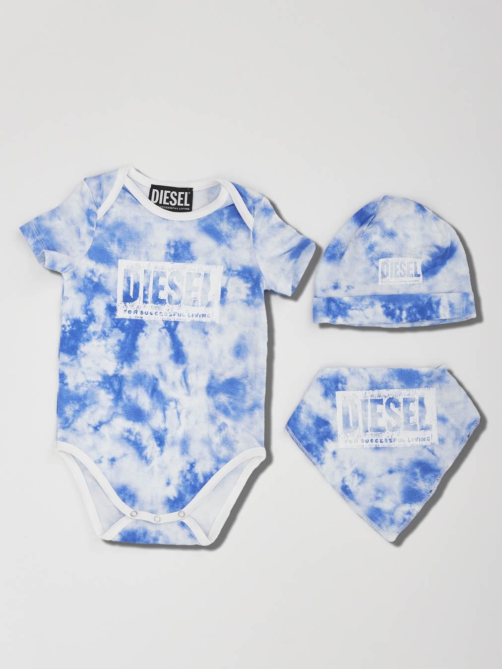 Diesel set cappello, body e foulard bianco e blu neonati