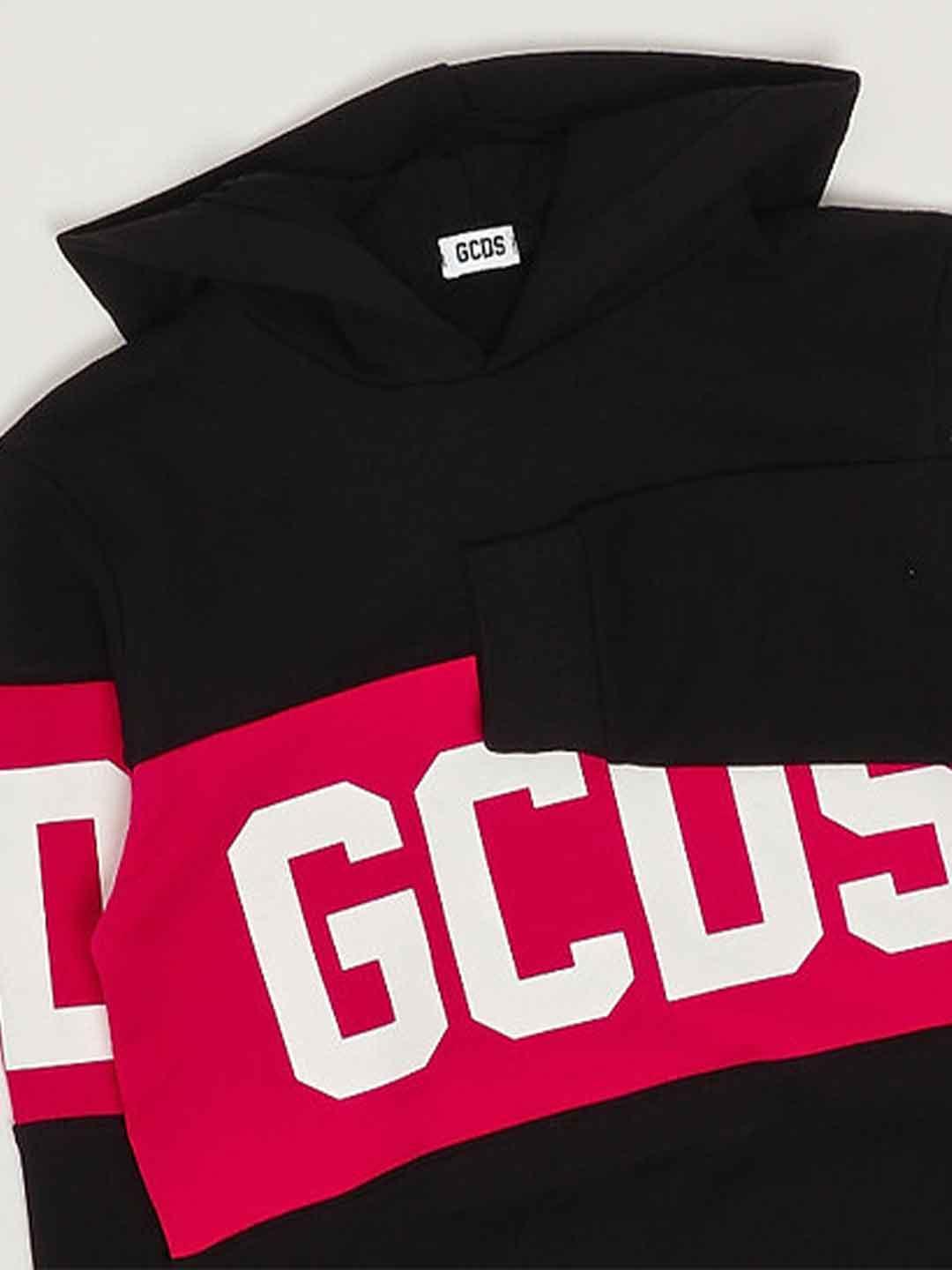 GCDS felpa kids nero con cappuccio e banda logo
