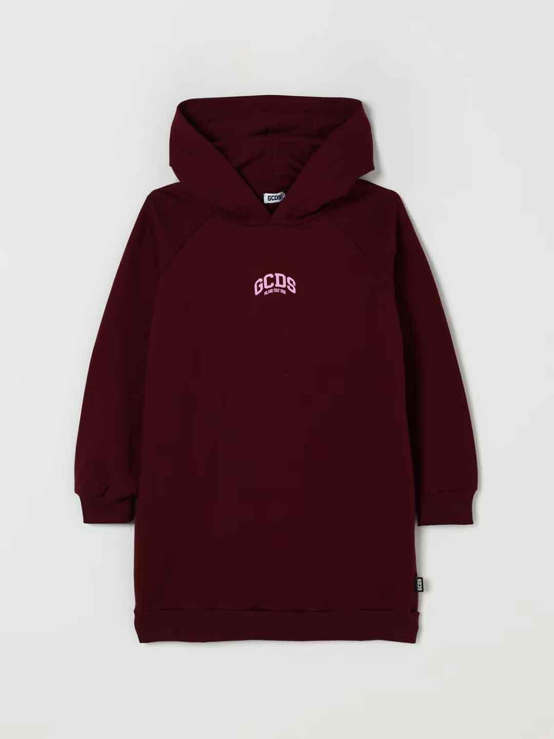 GCDS felpa kids bordeaux maxi con cappuccio