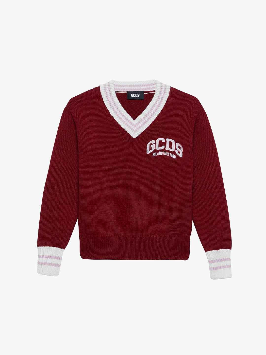 GCDS maglione kids bordeaux con scollo a V