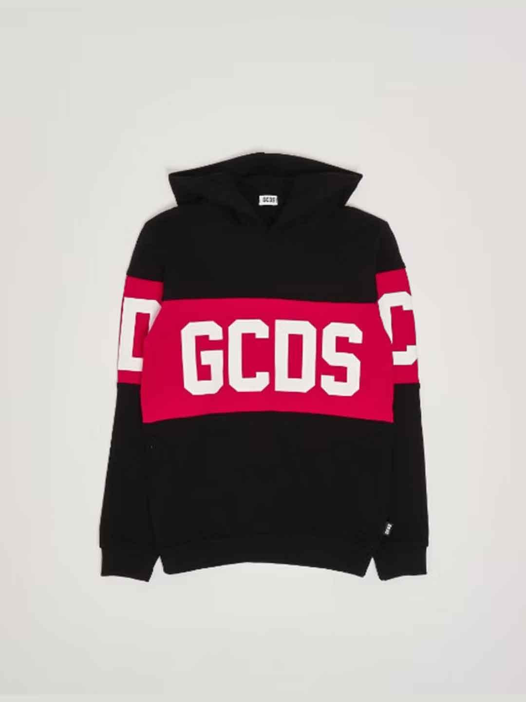 GCDS felpa kids nero con cappuccio e banda logo
