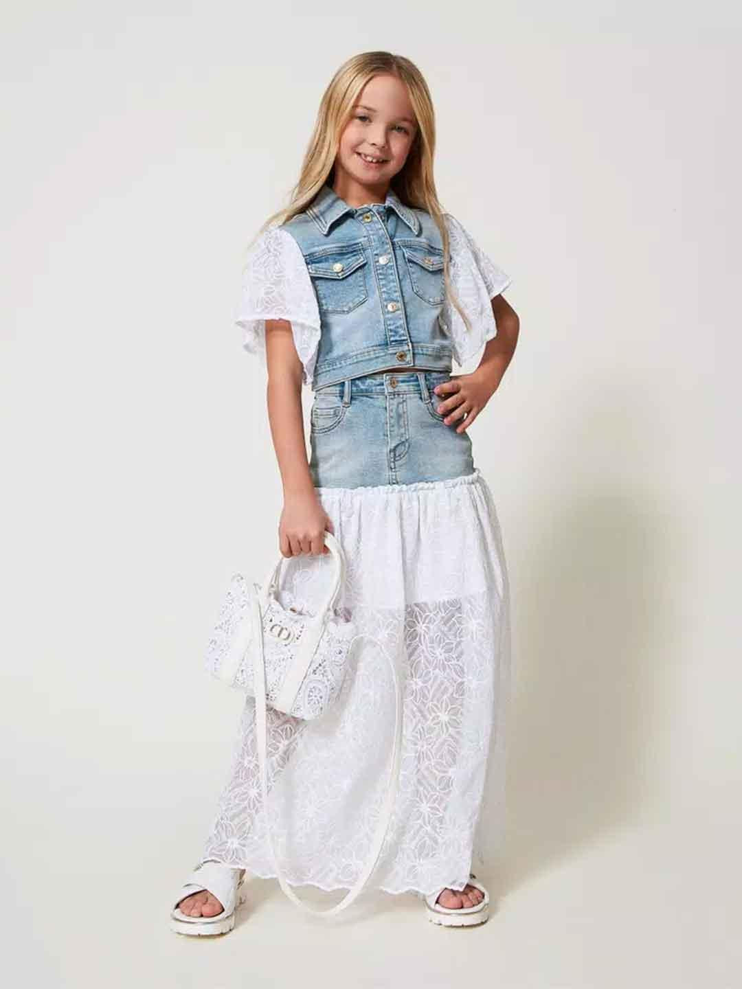 Twinset gonna kids in denim lunga con tulle ricamato