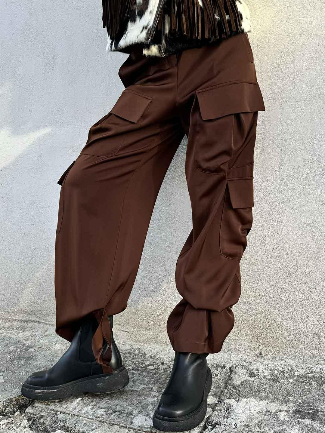 Silence pantalone marrone cargo in raso