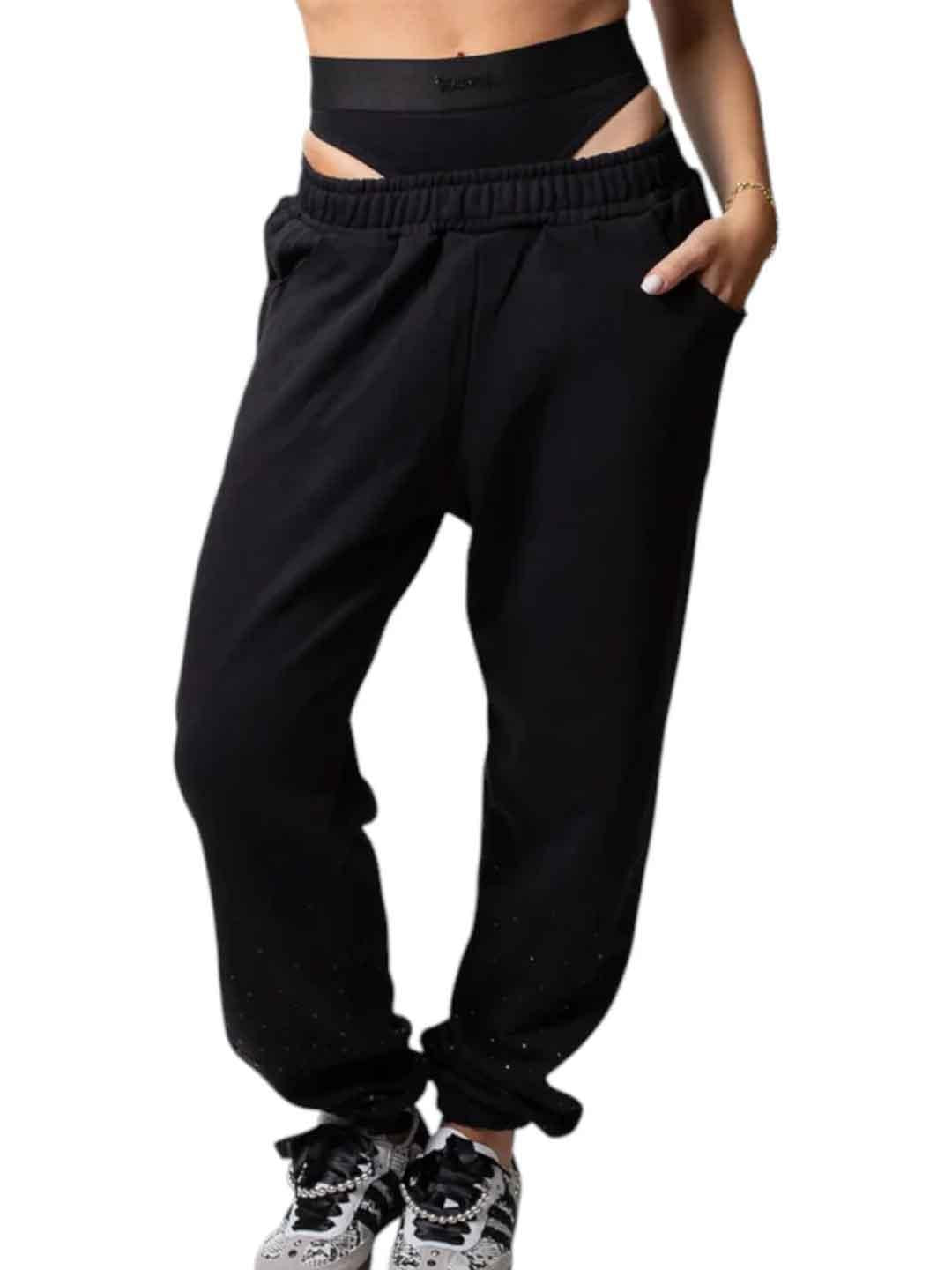 Disclaimer pantalone nero con strass e doppio bustino