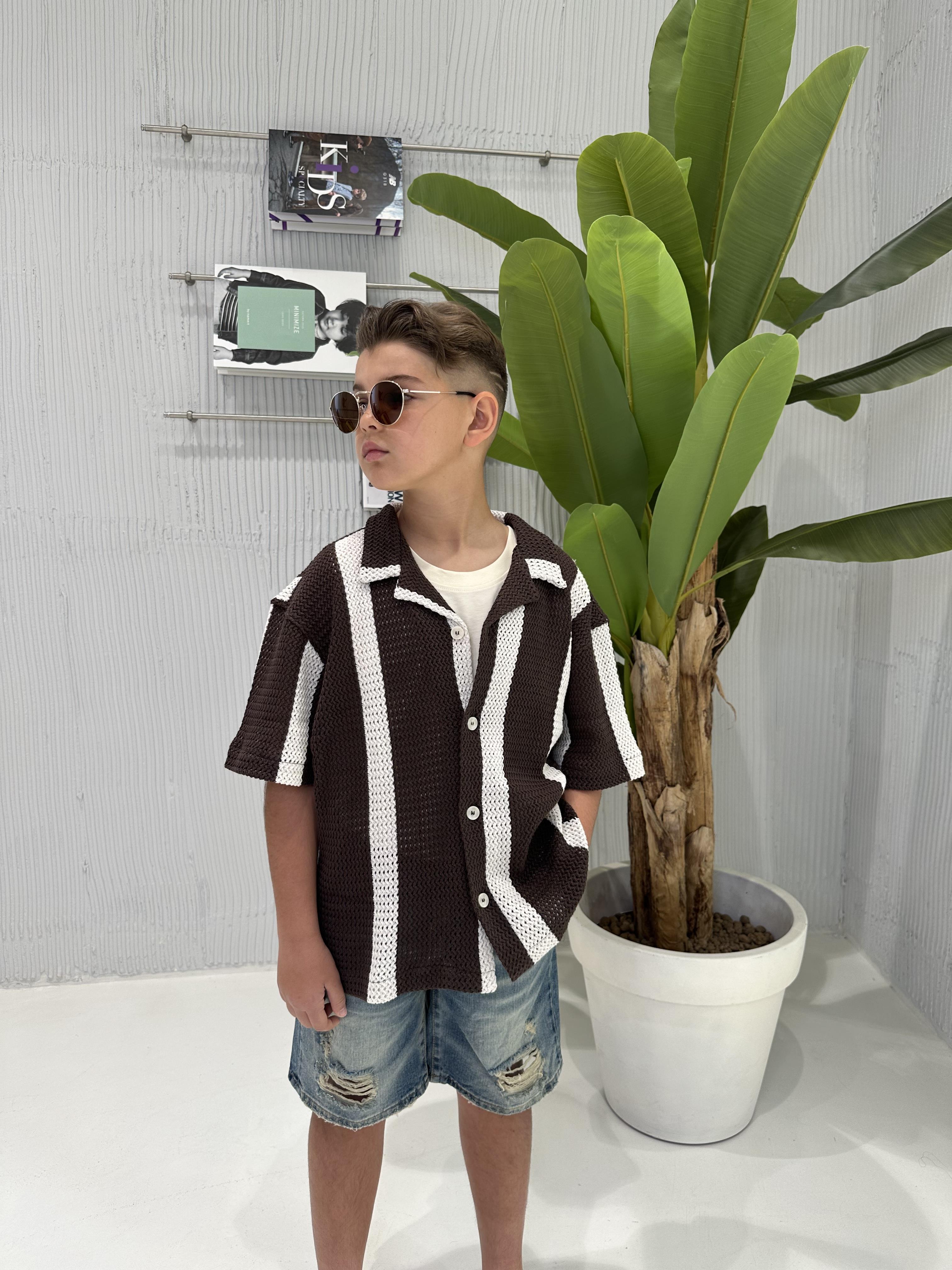 I'M Brian camicia kids marrone a righe traforata