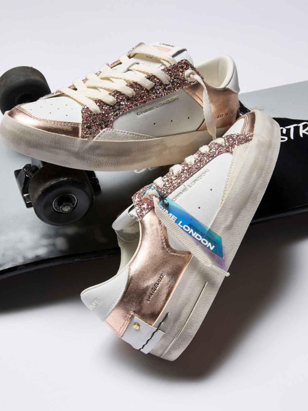 Crime Sk8 Deluxe sneakers bianco con glitter oro rosa