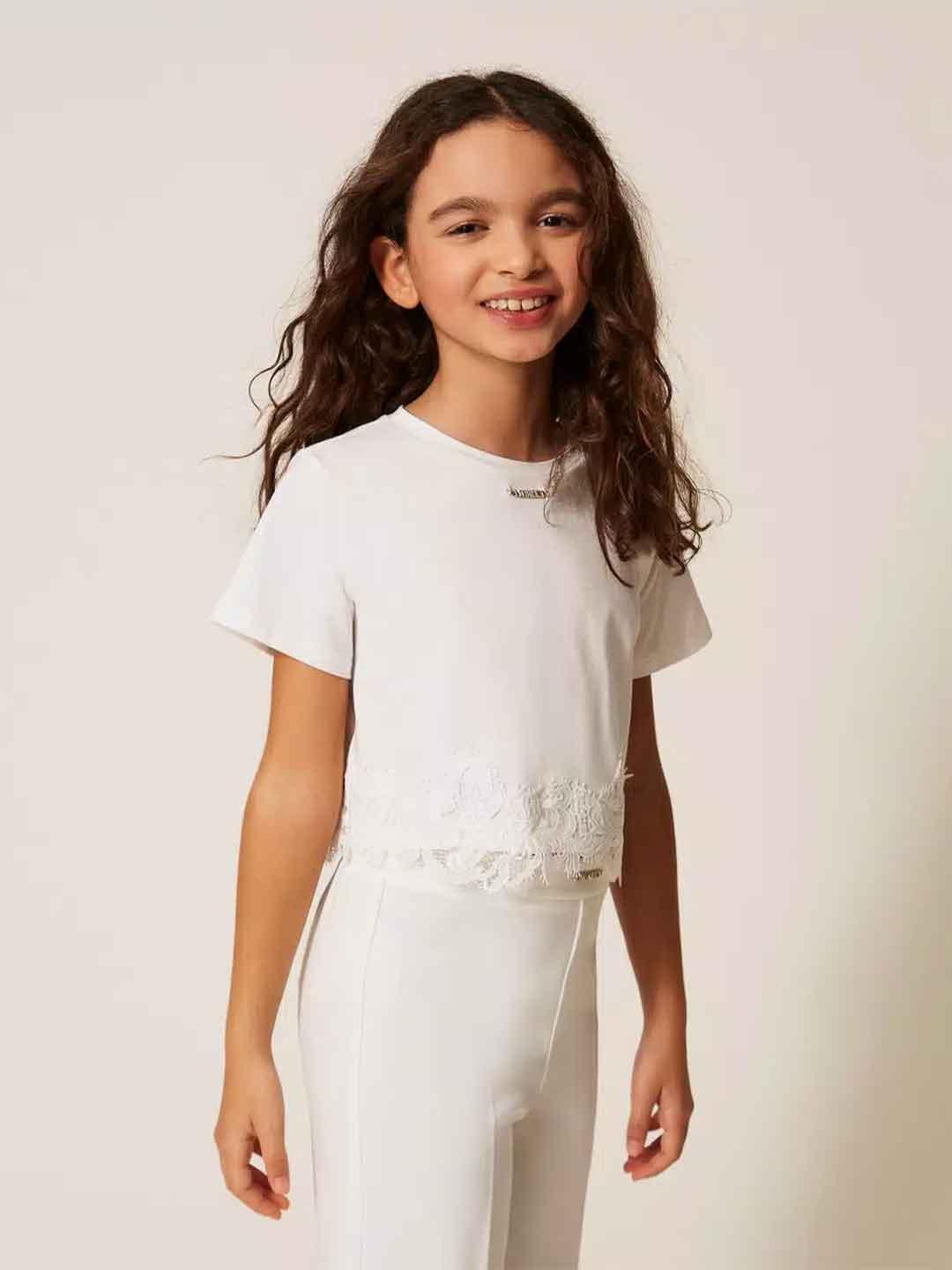Twinset t-shirt kids bianco crop con pizzo