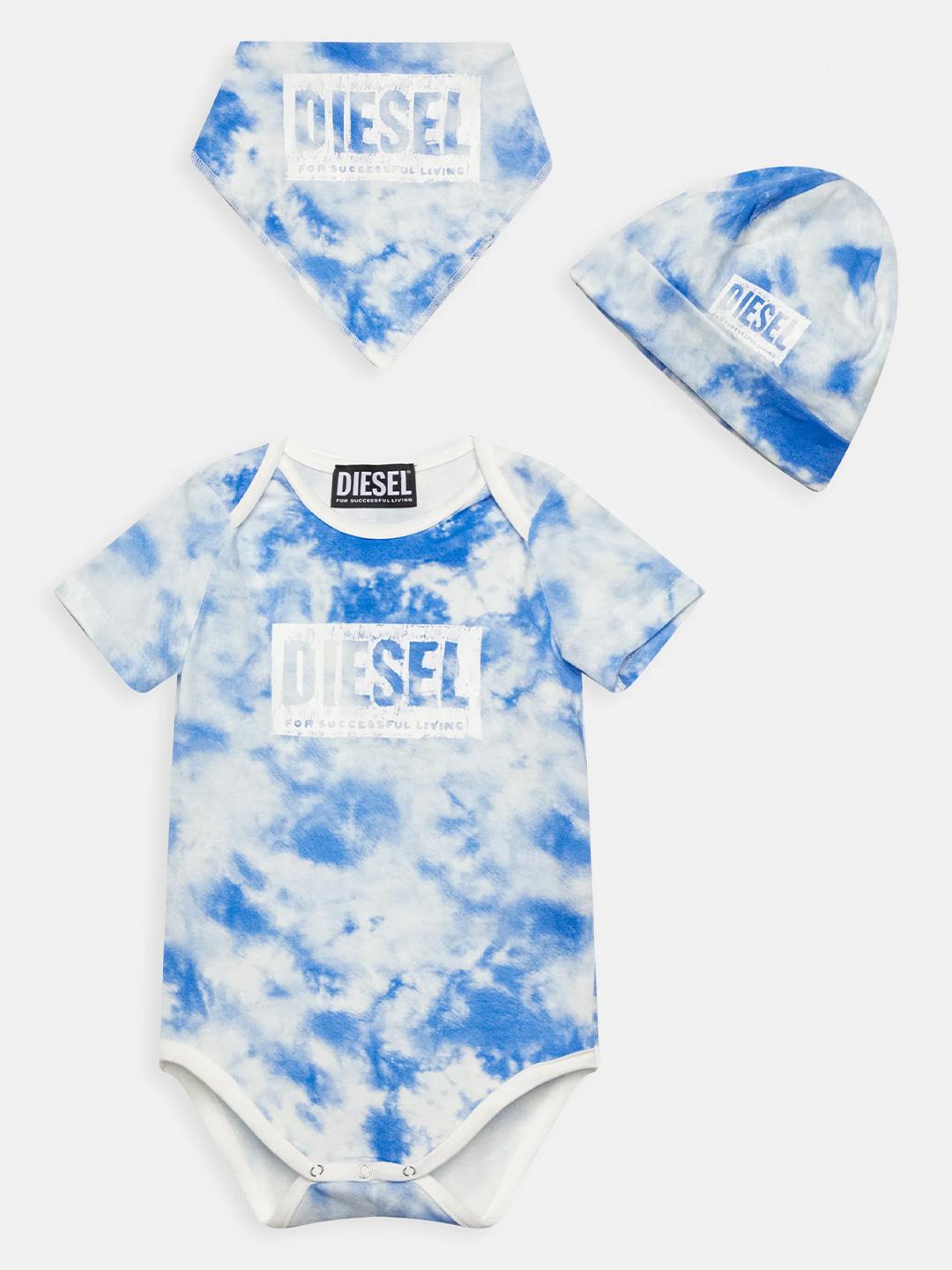Diesel set cappello, body e foulard bianco e blu neonati