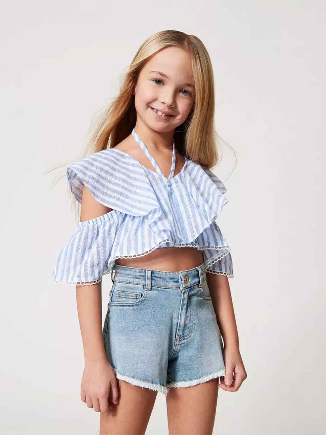 Twinset shorts kids in denim con orlo sfrangiato