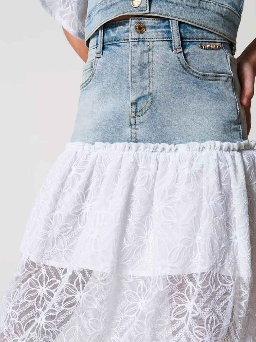 Twinset gonna kids in denim lunga con tulle ricamato