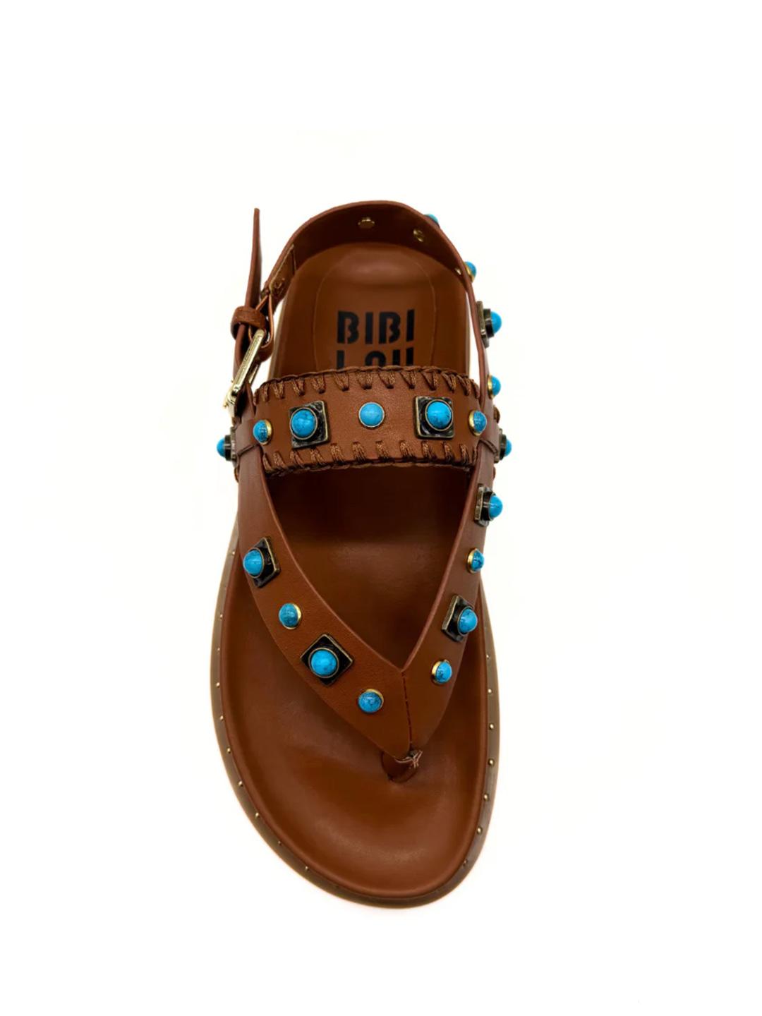 Bibi Lou Oda infradito cuoio con borchia azzurra