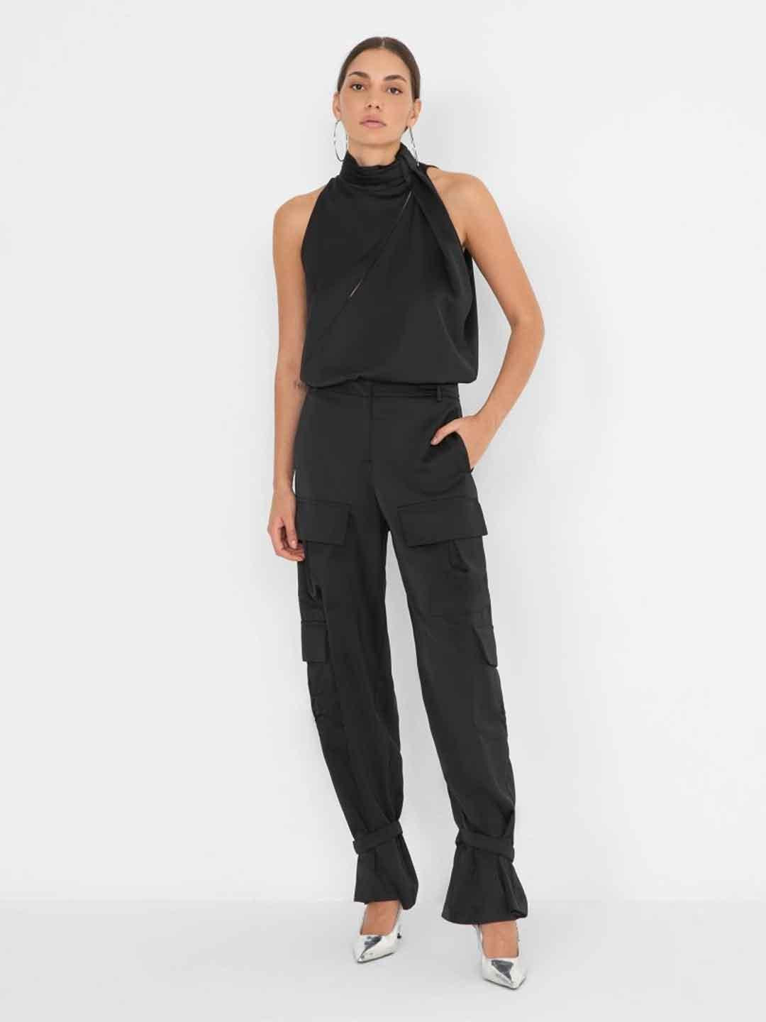 Silence pantalone nero cargo in raso